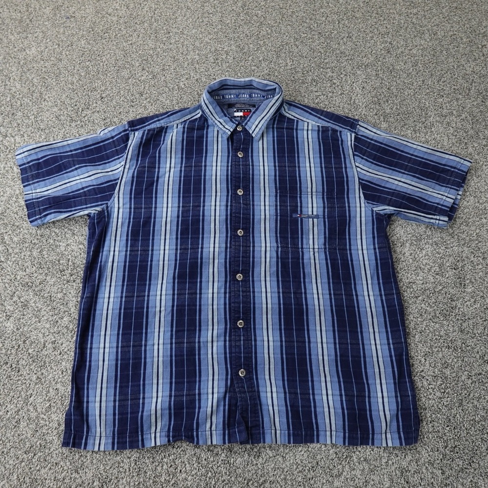 VTG Tommy Hilfiger Shirt Mens XL Blue Short‎ Sleeve Flag Logo Button Up Camp 90s